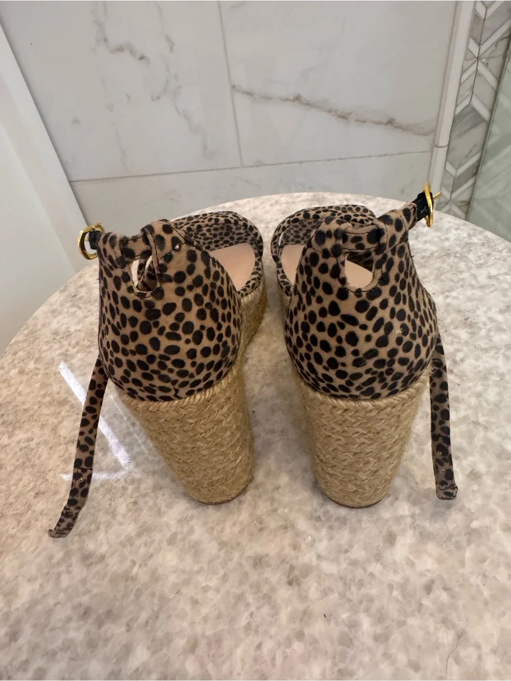 Stuart Weitzman Leopard Print Espadrille Wedge Sandals - Tan/Black